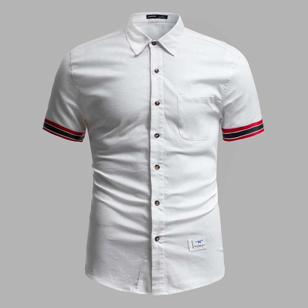 

Men Striped Cuff Patch Detail Shirt, White