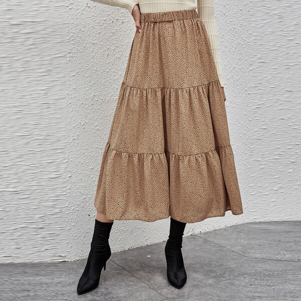 

Confetti Print Elastic Waist Ruffle Hem Skirt, Camel
