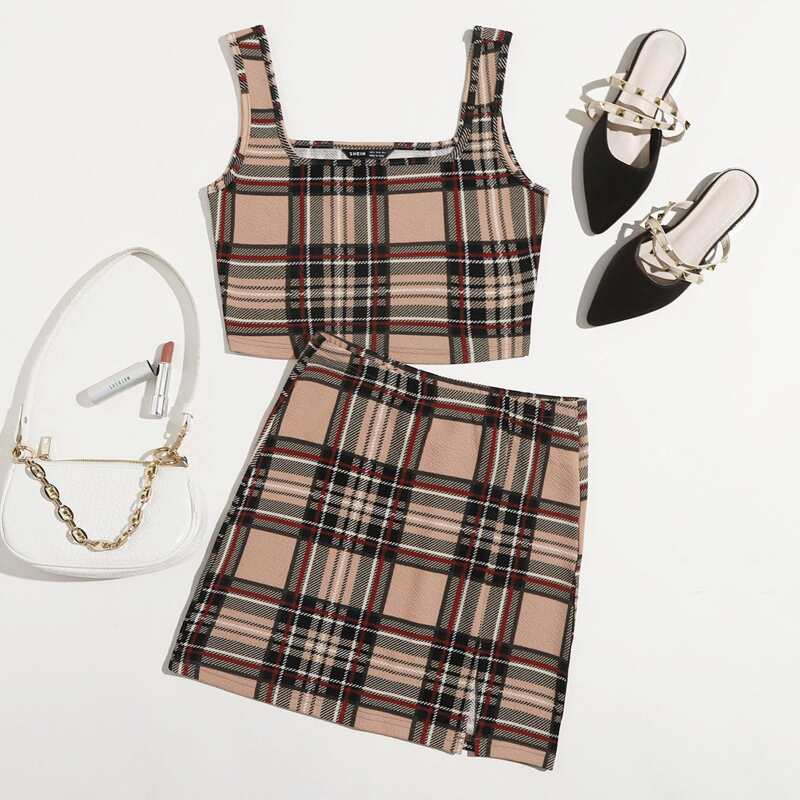 

Tartan Crop Tank Top & Split Hem Skirt Set, Multicolor