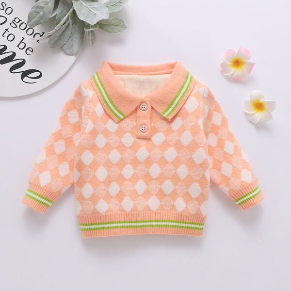 

Baby Girl Striped And Argyle Pattern Sweater, Orange pastel