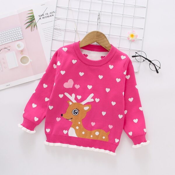 

Toddler Girls Heart And Elk Pattern Frill Trim Sweater, Hot pink