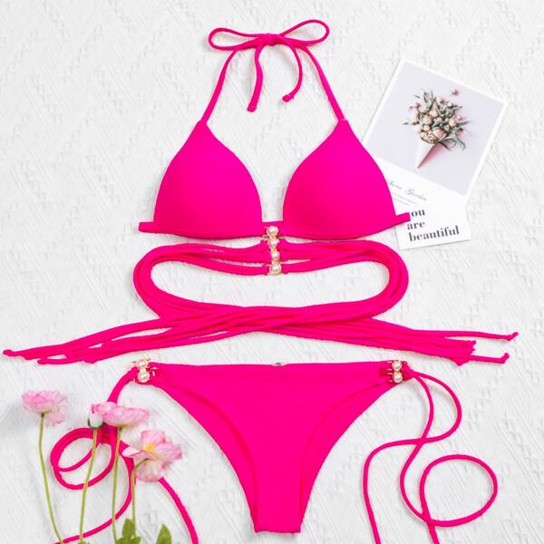 

Faux Pearl Detail Tie Side Bikini Swimsuit, Hot pink