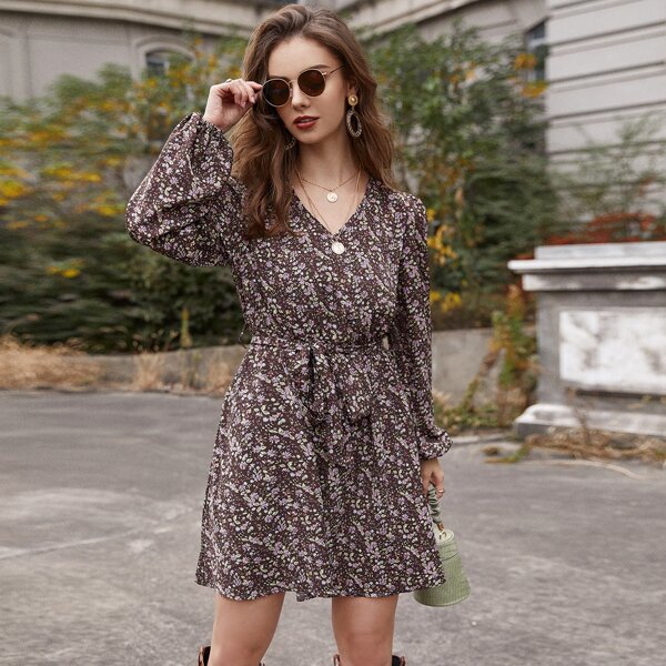 

V-neck Ditsy Floral Self Tie A-line Dress, Multicolor