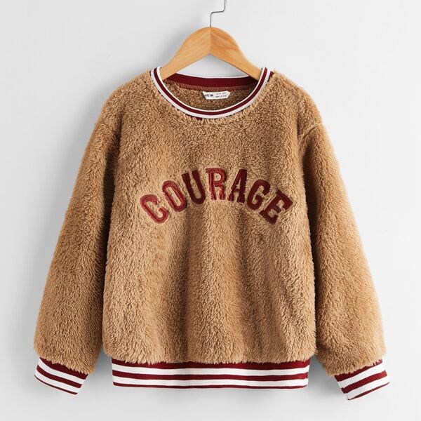 

Boys Embroidery Letter Striped Trim Teddy Pullover, Camel