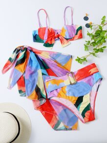 3套全印花有腰帶推擠式比基尼套裝，夏季沙灘必備 - 彩色 - 查看 1