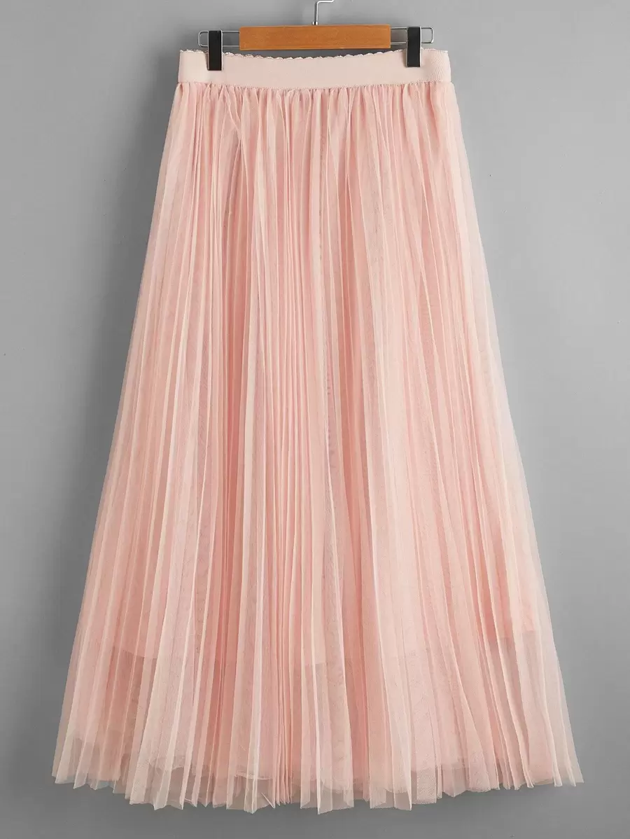 RueChic Wideband Waist Pleated Mesh Skirt - Baby Pink - View 1