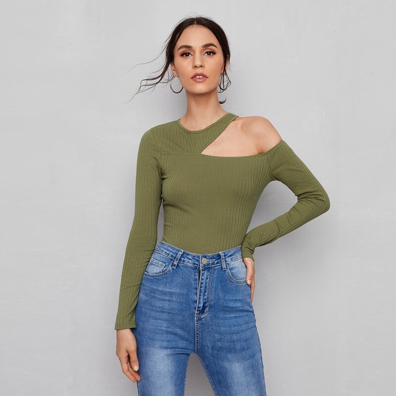 

Ribbed Cutout Asymmetrical Neck Top, Army green