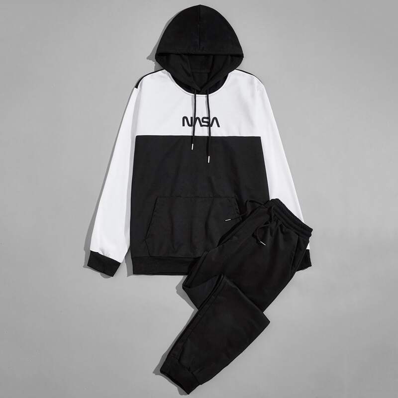 

Guys Letter Graphic Spliced Hoodie With Joggers, Black and white
