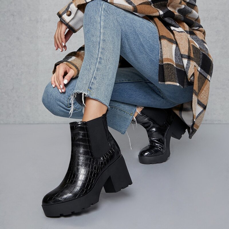 

Faux Croc Leather Lug Platform Ankle Boots, Black