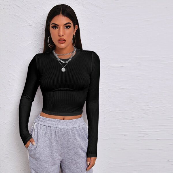 

Solid Rib-knit Slim Tee, Black