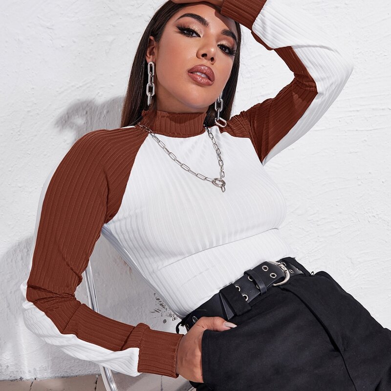 

Mock-neck Color Block Rib-knit Tee, White