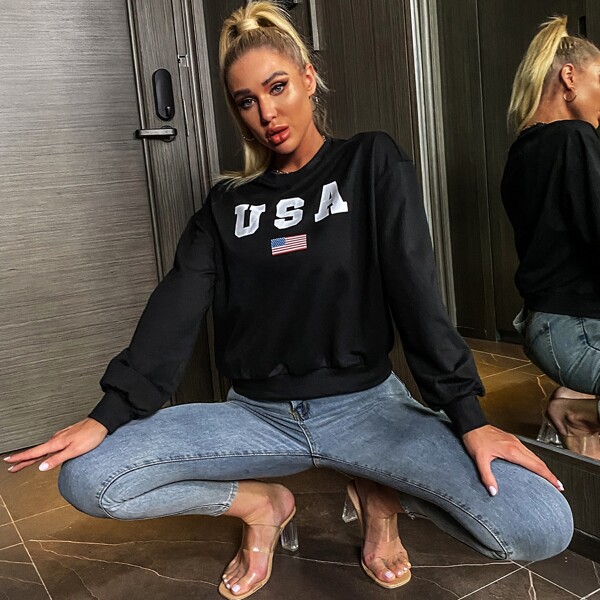 

Drop Shoulder Letter Graphic Sweatshirt, Black