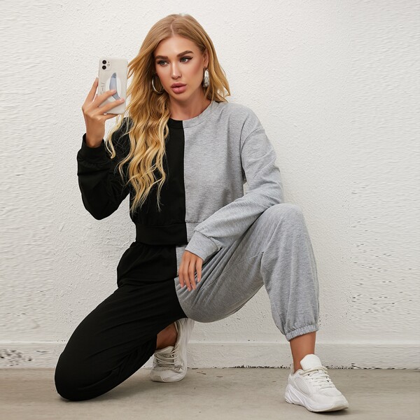 

Drop Shoulder Two Tone Sweatshirt & Pants Set, Multicolor