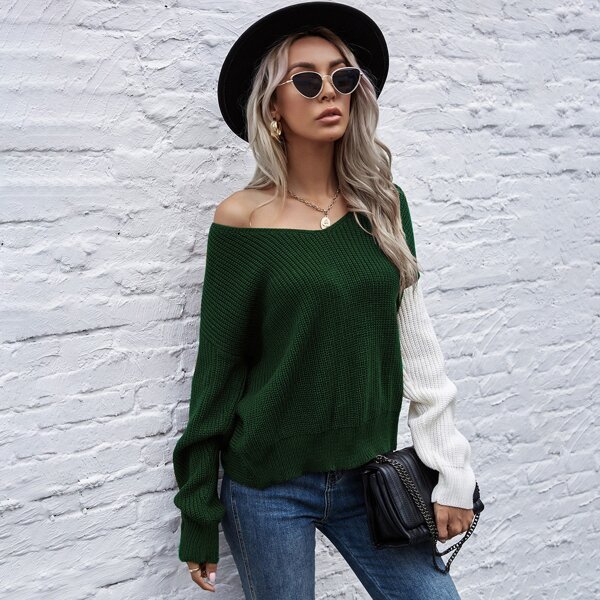 

Twist Back Colorblock Drop Shoulder Sweater, Dark green