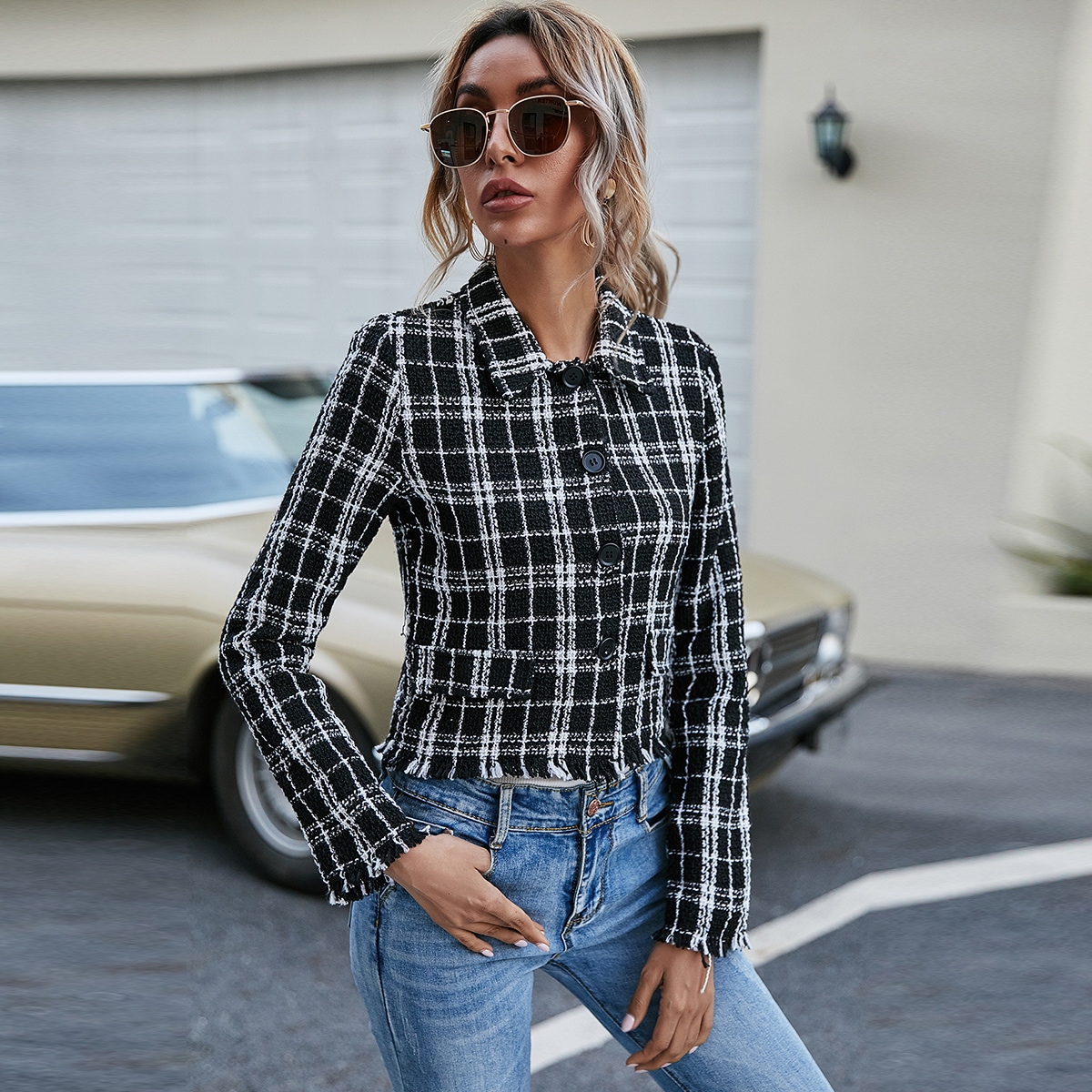 Image of Button Front Raw Hem Plaid Tweed Jacket