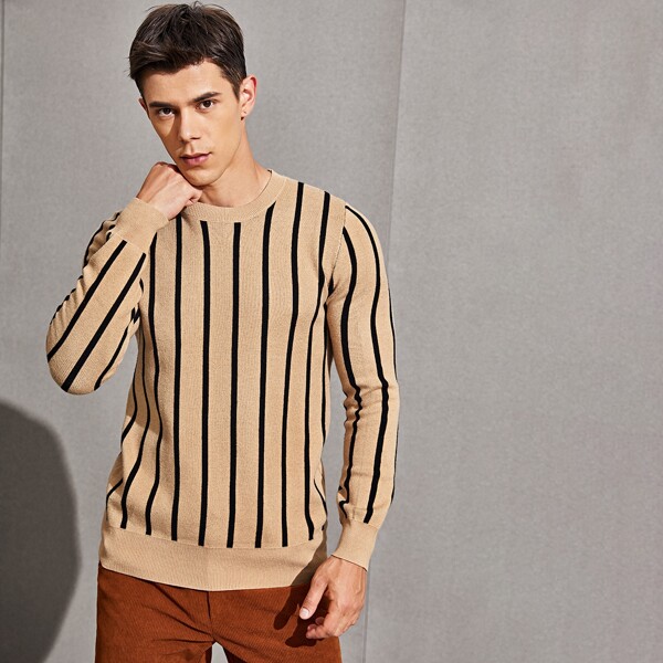 

Men Striped Pattern Fitted Sweater, Camel