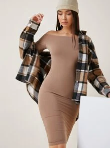 SHEIN BASICS Đầm màu trơn Thanh lịch - Màu be - Xem 4