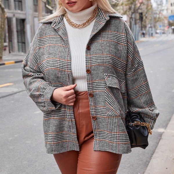 

Plus Tartan Houndstooth Oversized Overcoat, Grey