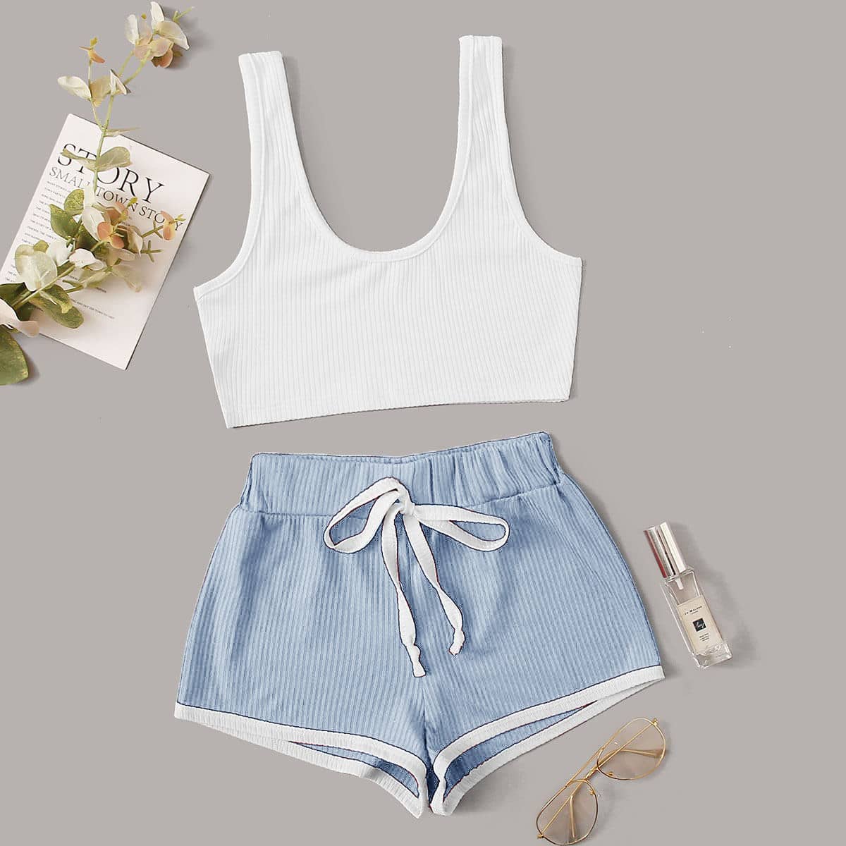 

Letter Graphic Rib-knit Knot PJ Set, Blue and white