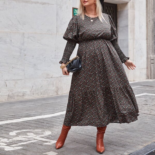 

Plus Ditsy Floral Leg-Of-Mutton Sleeve Dress, Multicolor