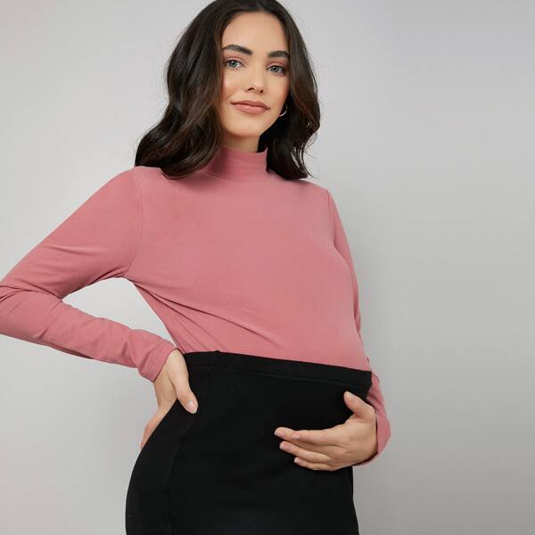 

Maternity Mock-neck Solid Tee, Coral pink