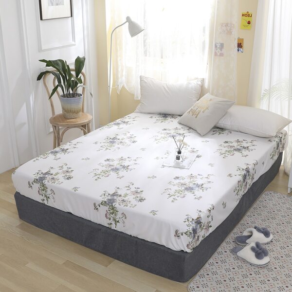 

1pc Flower Print Fitted Sheet, White