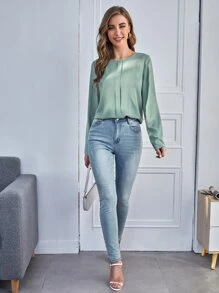後鎖孔素色襯衫 - 薄荷綠 - 查看 3