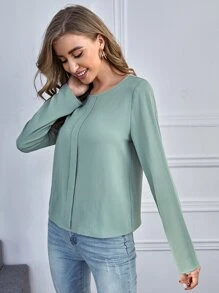 後鎖孔素色襯衫 - 薄荷綠 - 查看 5