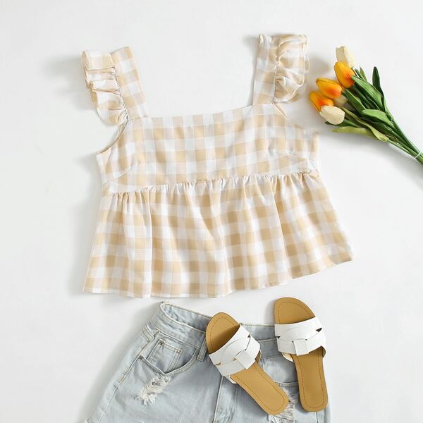 

Ruffle Trim Gingham Peplum Top, Multicolor