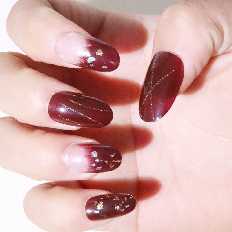 

24pcs Gold Foil Fake Nail, Burgundy