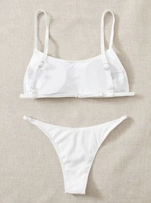 Rib Thong Bikini Set Summer Beach - White - View 2