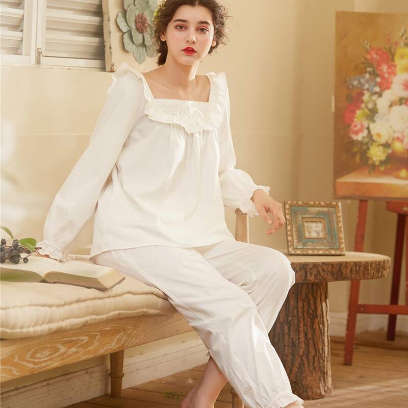 

Square Neck Ruffle Trim Tie Front PJ Set, White
