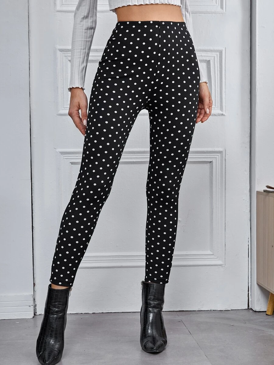 SHEIN Privé Polka Dot Skinny Trousers - Black - View 1