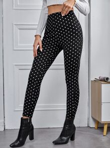 SHEIN Privé Polka Dot Skinny Trousers - Black - View 4