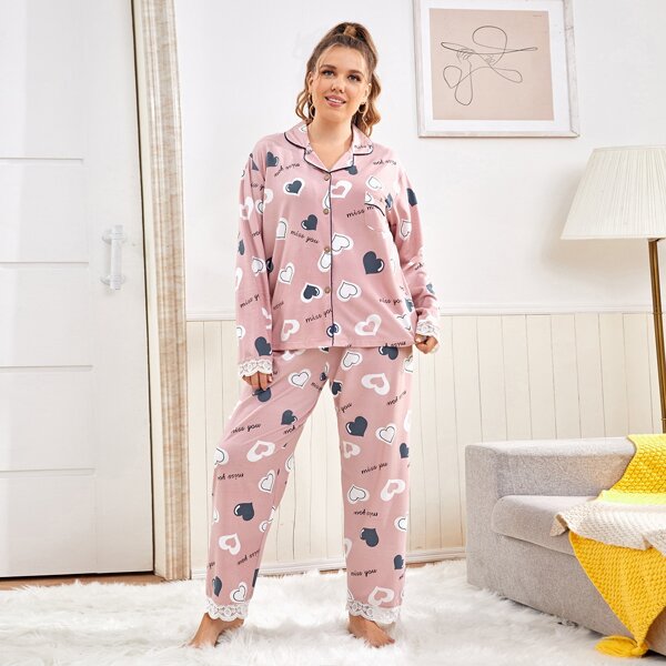 

Plus Heart And Letter Graphic PJ Set, Dusty pink