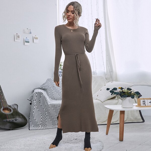 

Ribbed Knit Split Hem Belted Sweater Dress, Chocolate brown