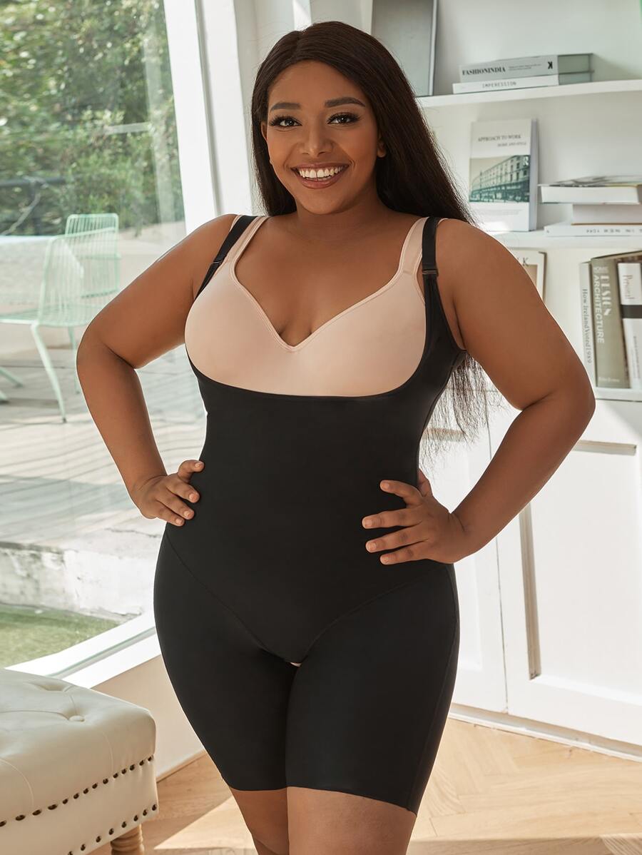 Plus Crotchless Shapewear Unitard Romper - Black - View 1