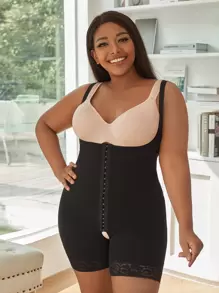 Plus Lace Trim Shapewear Romper - Black - View 1