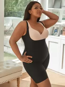 Plus Crotchless Shapewear Unitard Romper - Black - View 5