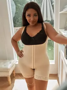 Plus Lace Trim Shapewear Romper - Apricot - View 1