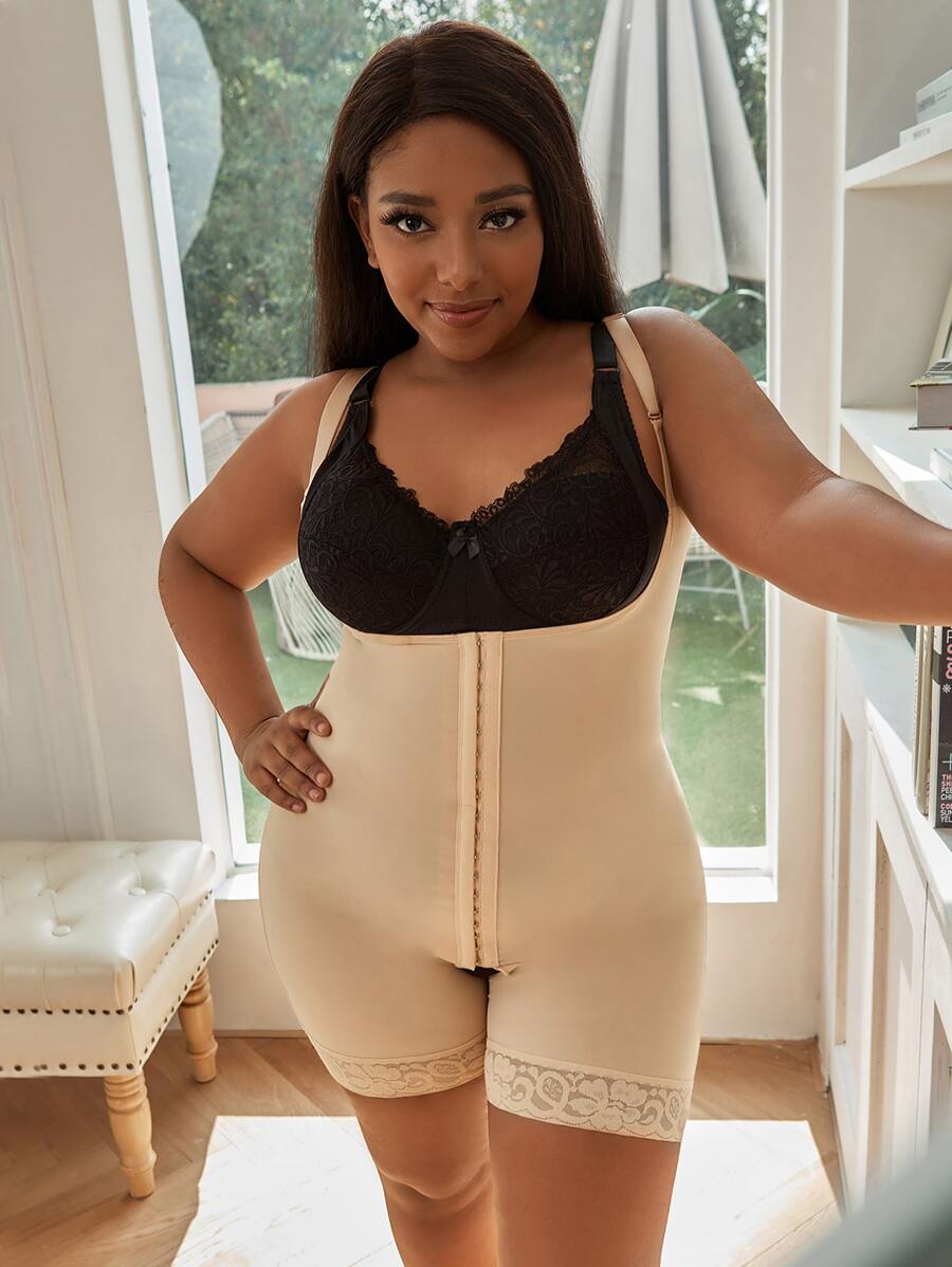 Plus Lace Trim Shapewear Romper - Apricot - View 1
