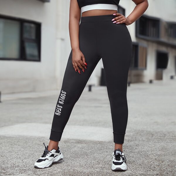 

Plus Letter Graphic Sports Leggings, Black