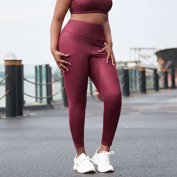 

Plus Solid Wide Waistband Sports Leggings, Maroon