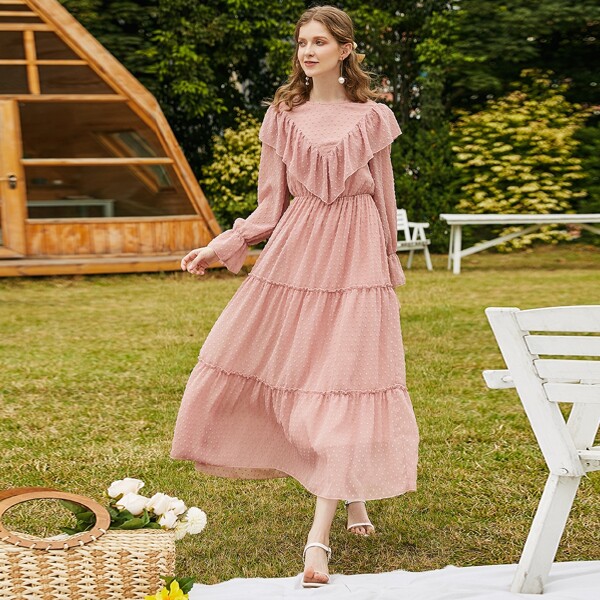 

Swiss Dot Flounce Sleeve Ruffle Trim Dress, Dusty pink