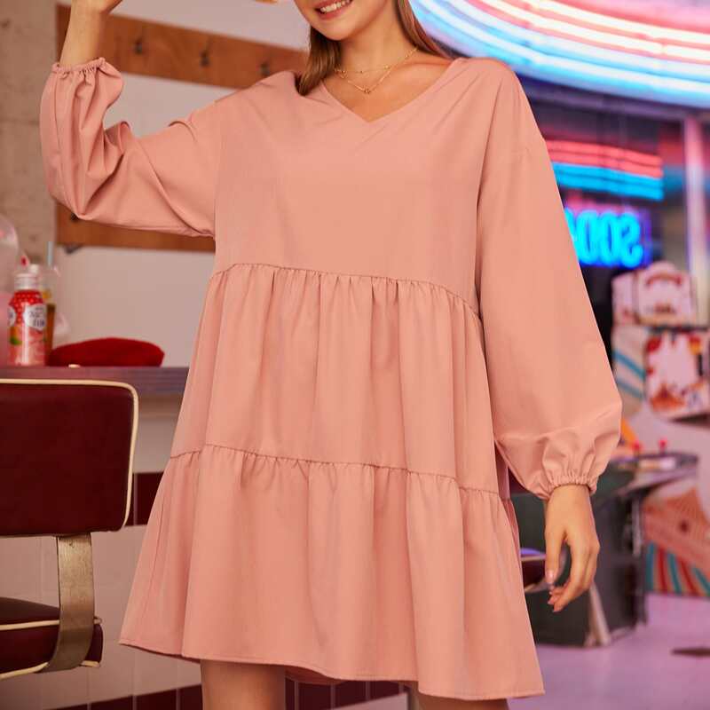 

Solid V Neck Smocked Dress, Dusty pink
