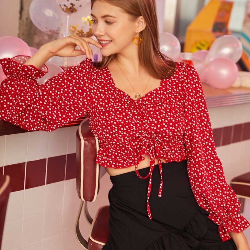 

All Over Heart Drawstring Blouse, Red