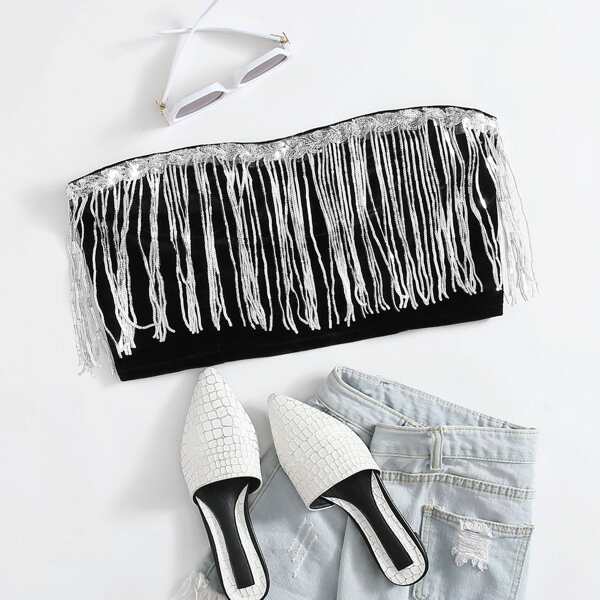 

Plus Velvet Sequin-fringe Crop Tube Top, Black