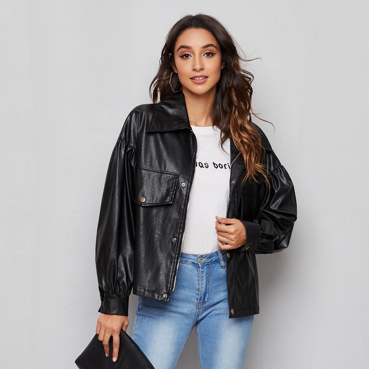 Image of Bishop Sleeve PU Leather Jacket