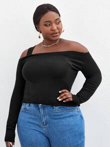 SHEIN Unity Plus One Shoulder Solid Sweater - Black - View 3