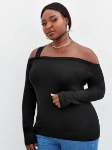 SHEIN Unity Plus One Shoulder Solid Sweater - Black - View 4